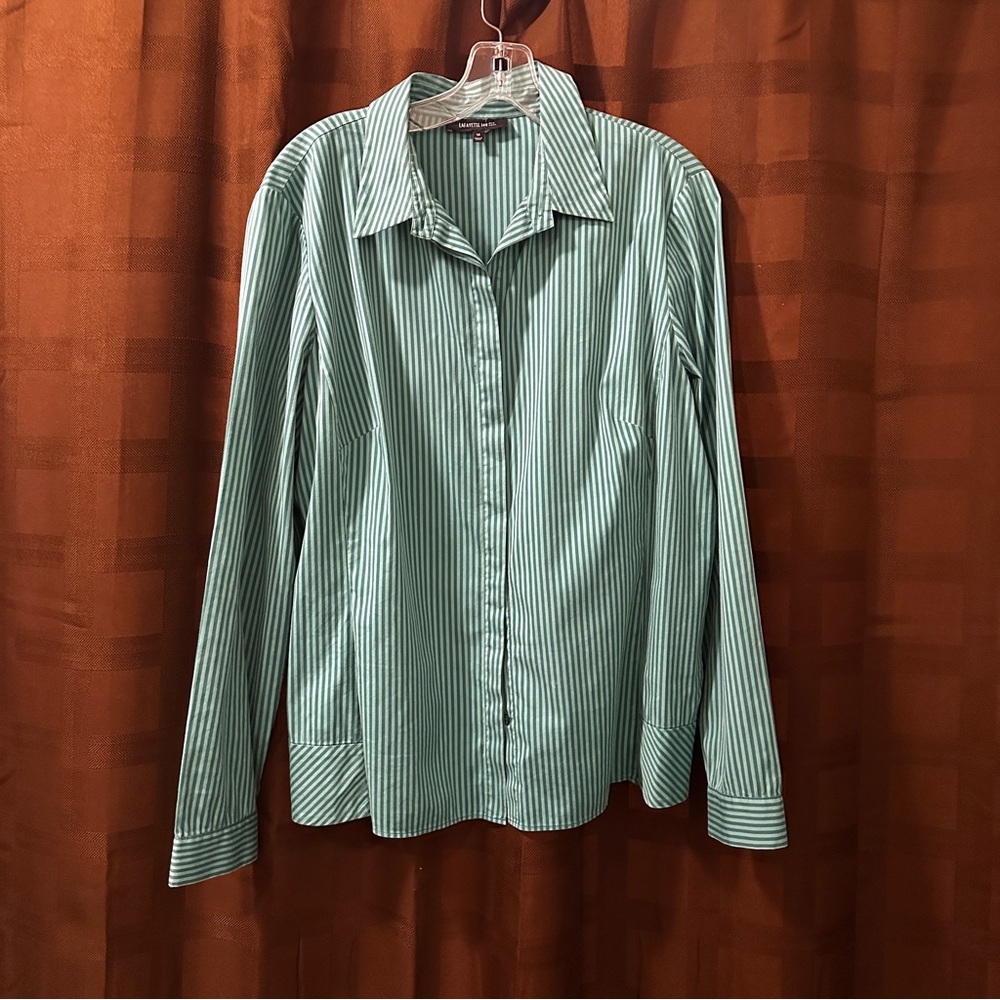 Lafayette 148 Green Striped Shirt Tunic Button Down size 14